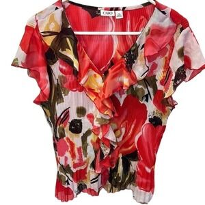 Cato‎ Floral Ruffle V-Neck Pleated Blouse Top Red Yellow XL